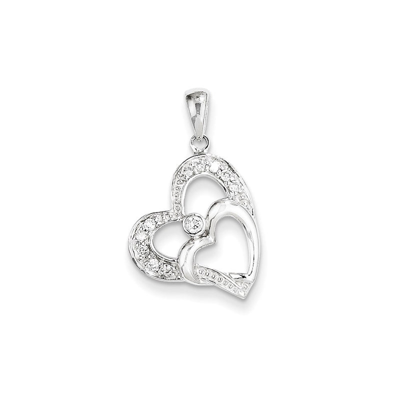 14k White Gold Double Heart Real Diamond Pendant