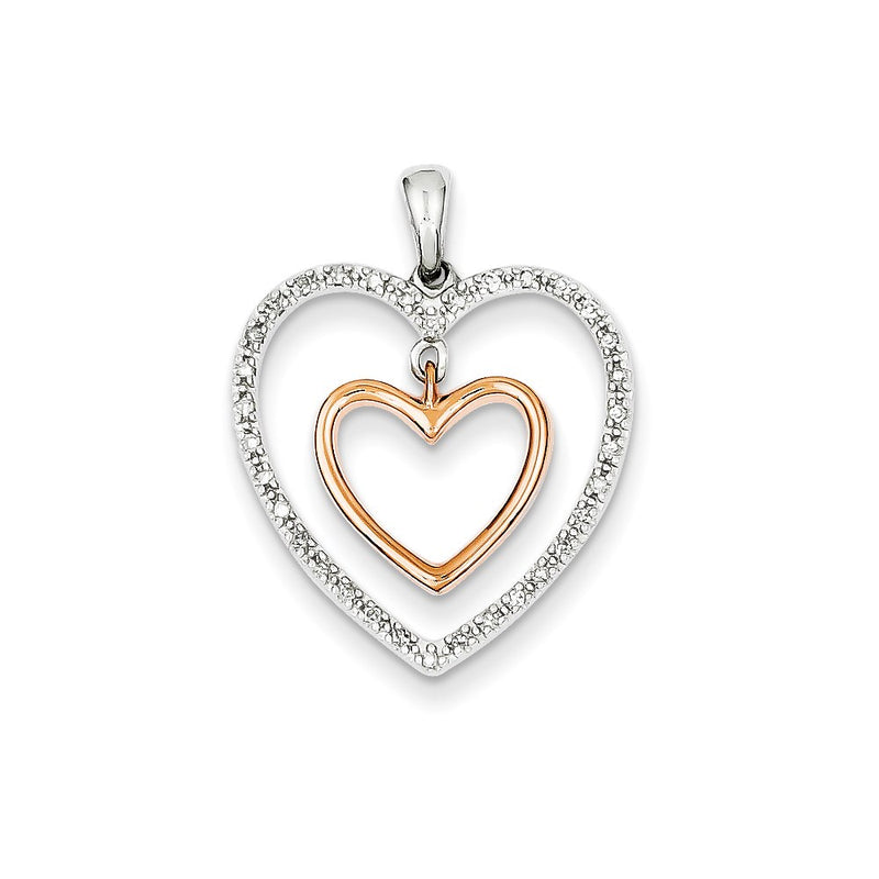 14K Yellow Gold Two-tone Double Heart Real Diamond Pendant