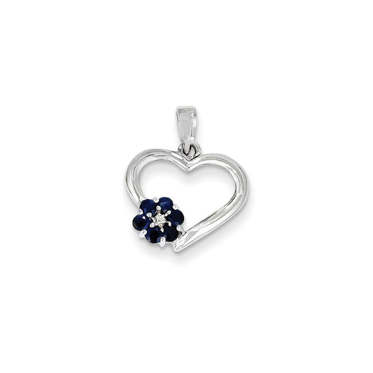 14k White Gold Real Diamond and Sapphire Heart Pendant