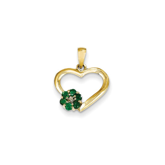 14K Yellow Gold Real Diamond and Emerald Heart Pendant