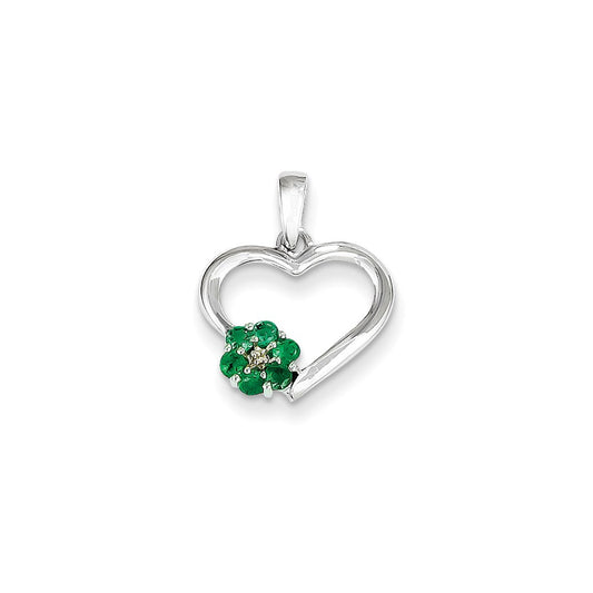 14k White Gold Real Diamond and Emerald Heart Pendant