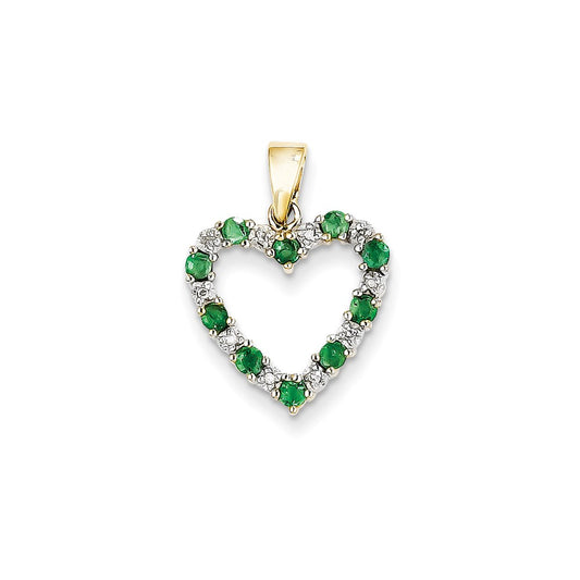14K Yellow Gold Real Diamond and Emerald Heart Pendant