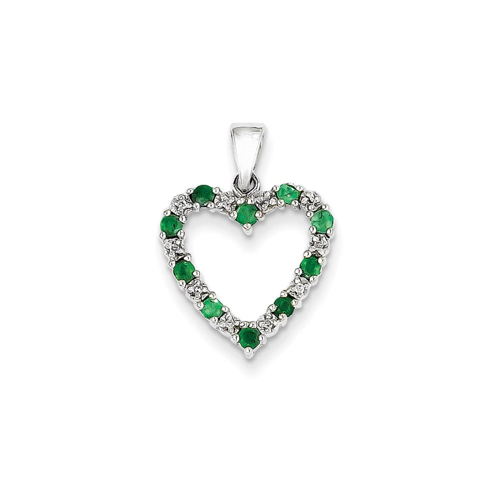 14k White Gold Real Diamond and Emerald Heart Pendant