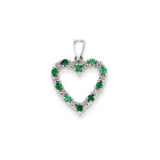 14k White Gold Real Diamond and Emerald Heart Pendant