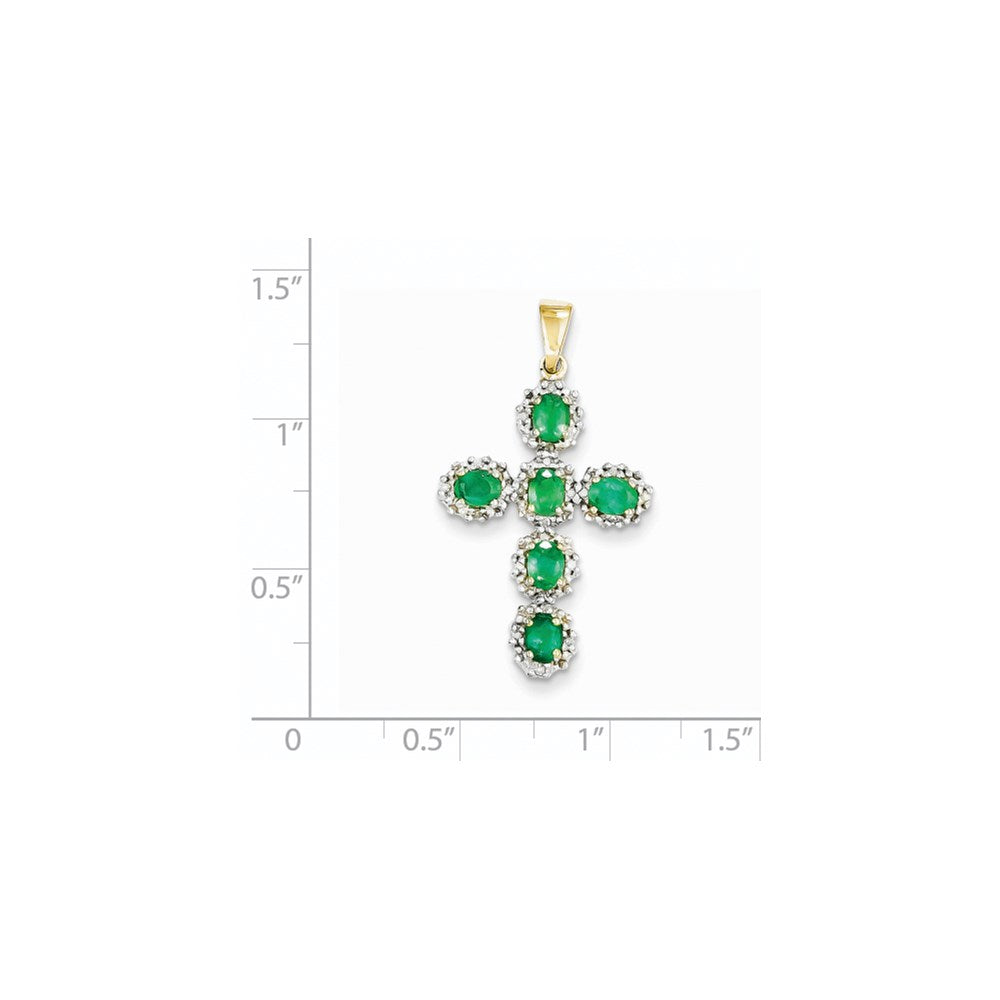 14K Yellow Gold Real Diamond & Emerald Cross Pendant