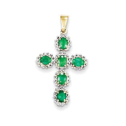 14K Yellow Gold Real Diamond & Emerald Cross Pendant
