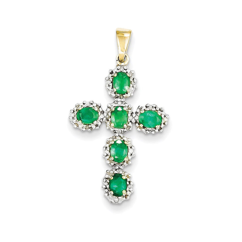 14K Yellow Gold Real Diamond & Emerald Cross Pendant