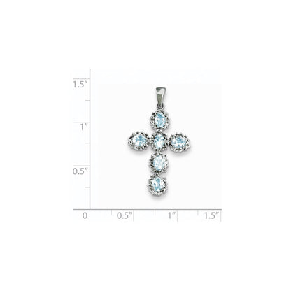 14k White Gold Real Diamond & Aquamarine Cross Pendant