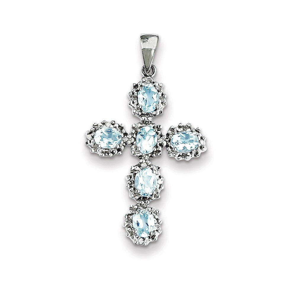 14k White Gold Real Diamond & Aquamarine Cross Pendant