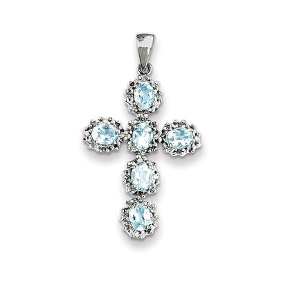 14k White Gold Real Diamond & Aquamarine Cross Pendant