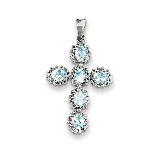 14k White Gold Real Diamond & Aquamarine Cross Pendant