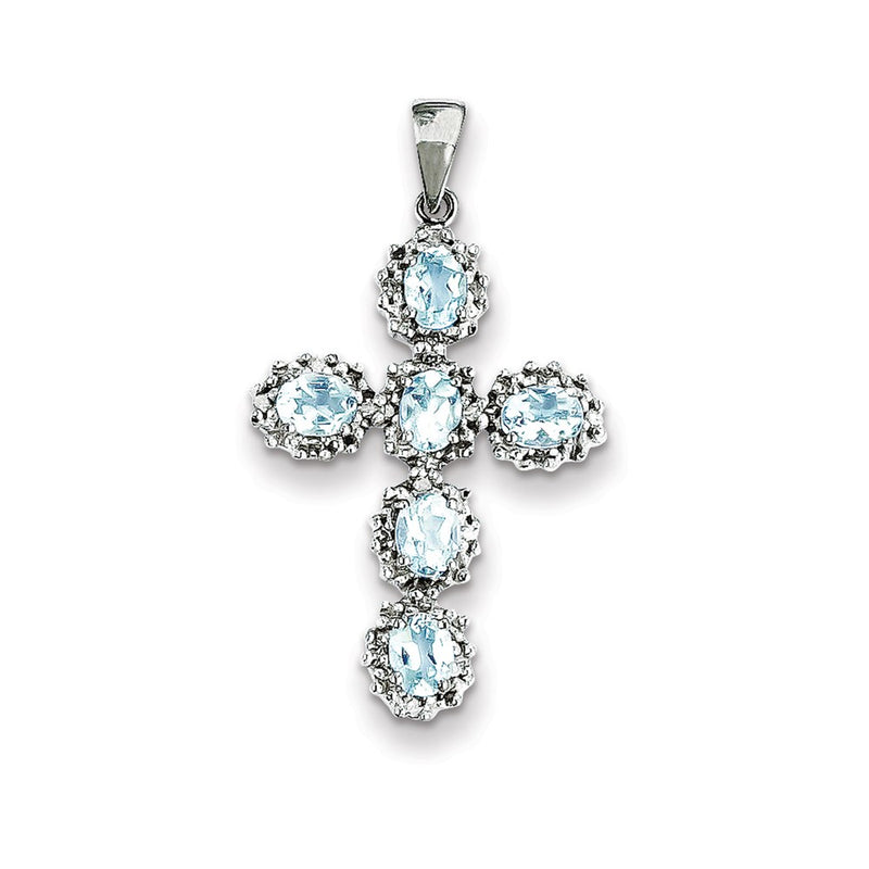 14k White Gold Real Diamond & Aquamarine Cross Pendant