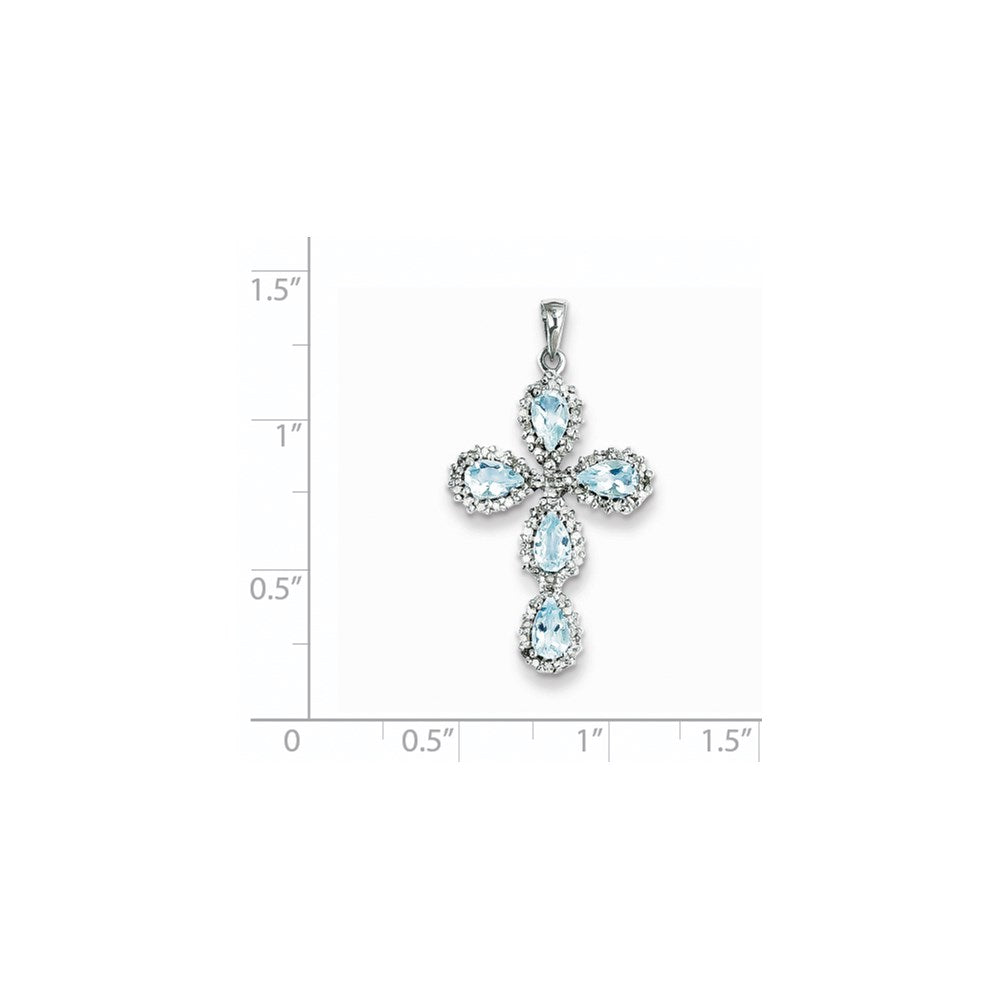 14k White Gold Real Diamond & Aquamarine Cross Pendant