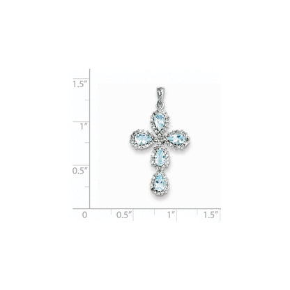 14k White Gold Real Diamond & Aquamarine Cross Pendant