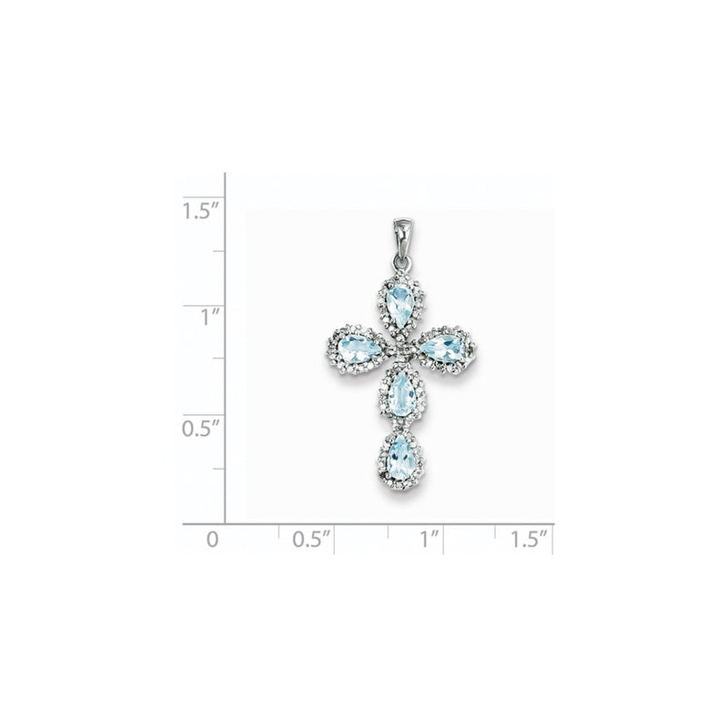 14k White Gold Real Diamond & Aquamarine Cross Pendant