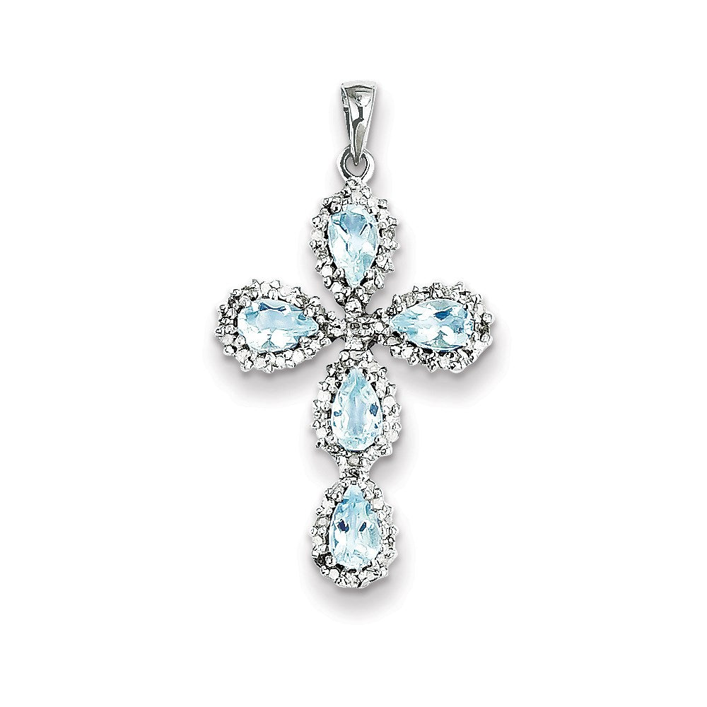 14k White Gold Real Diamond & Aquamarine Cross Pendant