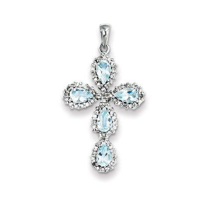 14k White Gold Real Diamond & Aquamarine Cross Pendant