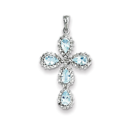 14k White Gold Real Diamond & Aquamarine Cross Pendant