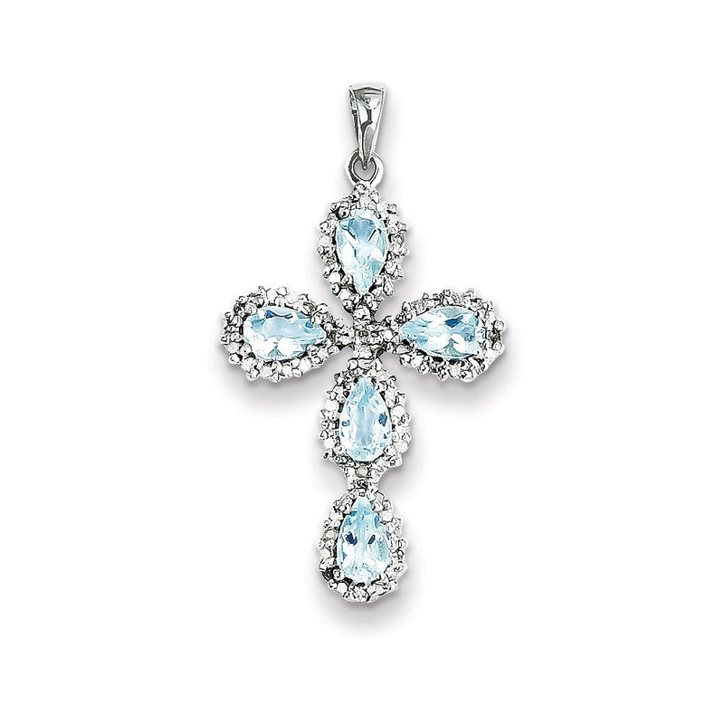 14k White Gold Real Diamond & Aquamarine Cross Pendant