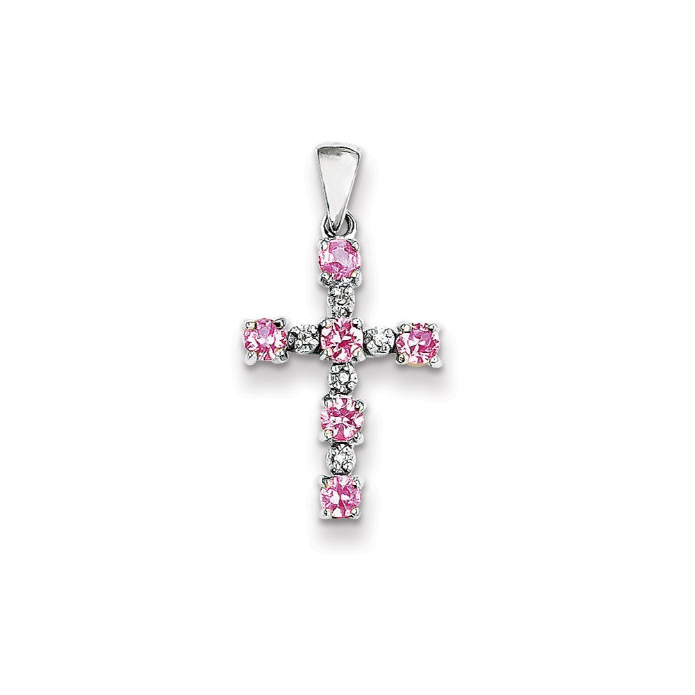 14k White Gold Real Diamond & Pink Sapphire Cross