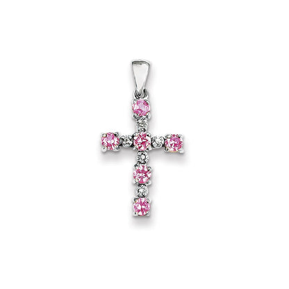14k White Gold Real Diamond & Pink Sapphire Cross