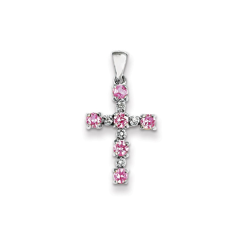 14k White Gold Real Diamond & Pink Sapphire Cross