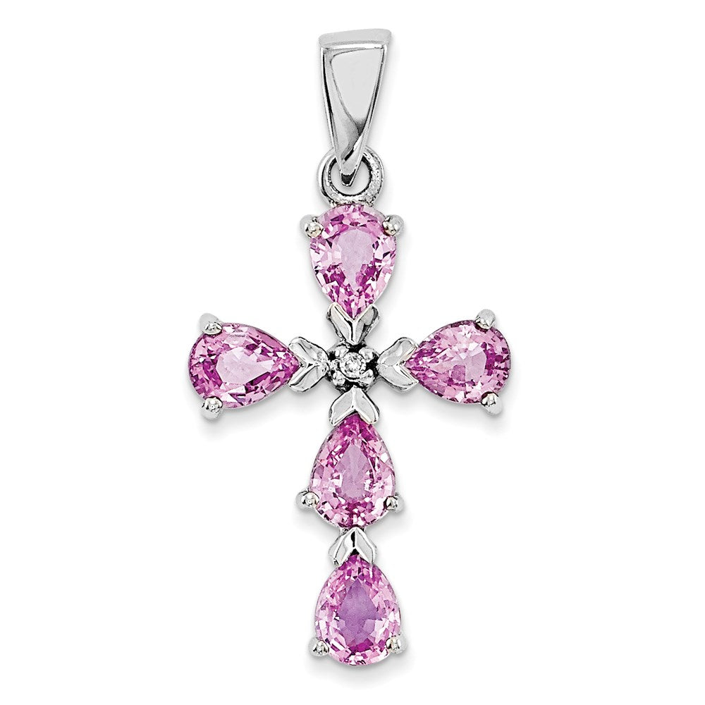 14k White Gold Real Diamond & Pink Sapphire Cross