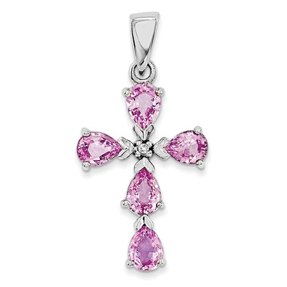 14k White Gold Real Diamond & Pink Sapphire Cross