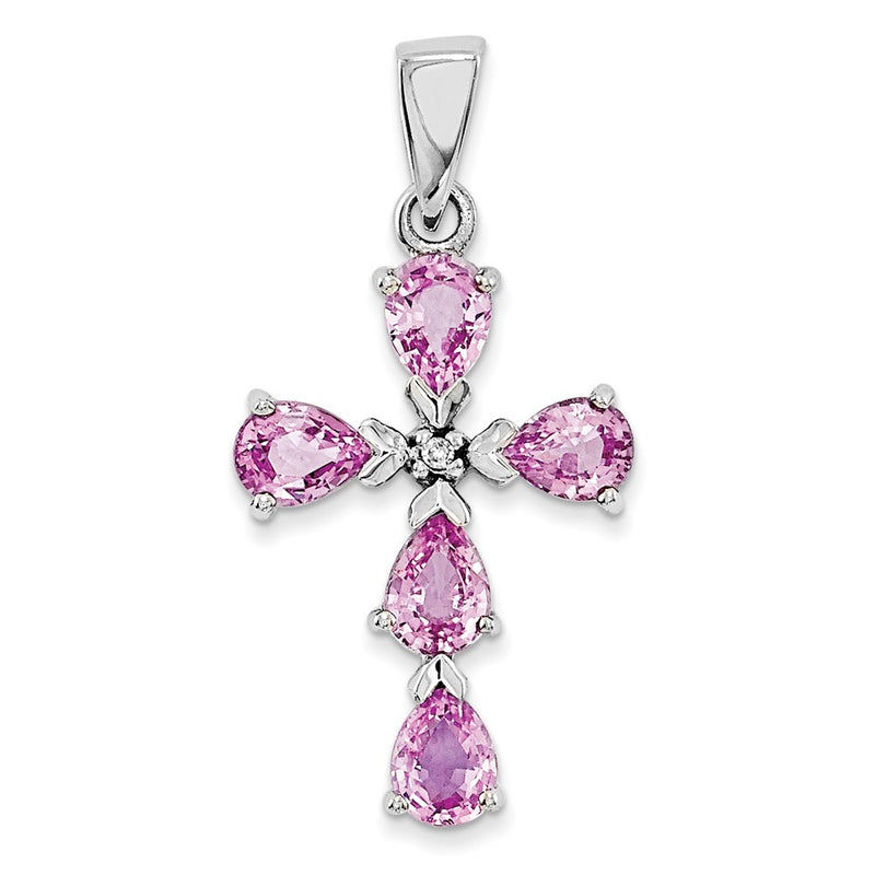 14k White Gold Real Diamond & Pink Sapphire Cross