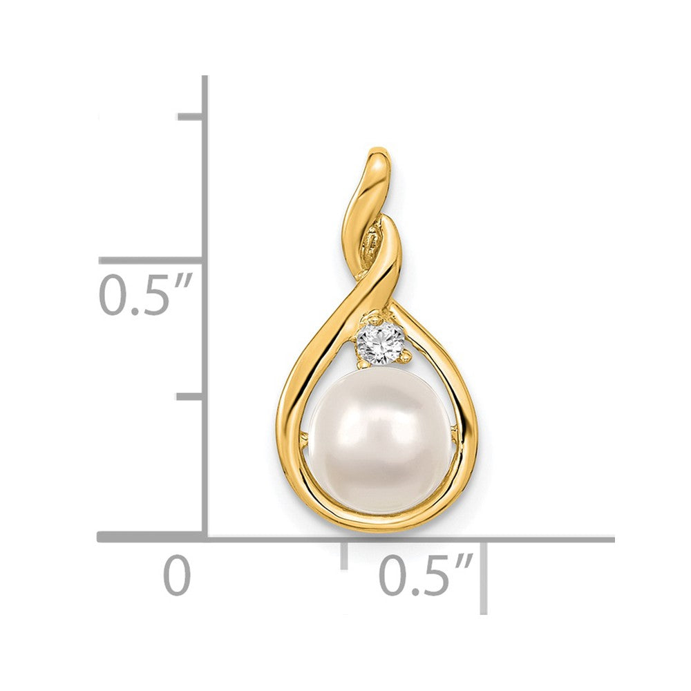 14K Yellow Gold 7mm White Round Freshwater Cultured Pearl VS Real Diamond Pendant