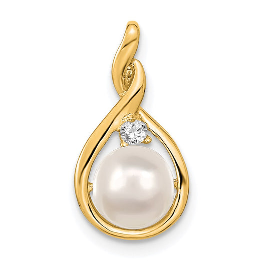 14K Yellow Gold 7mm White Round Freshwater Cultured Pearl VS Real Diamond Pendant