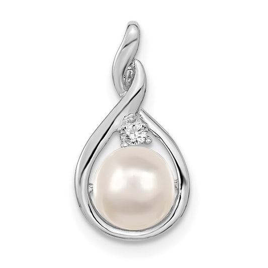 14k White Gold 7mm White Round FW Cultured Pearl & AA Real Diamond Pendant