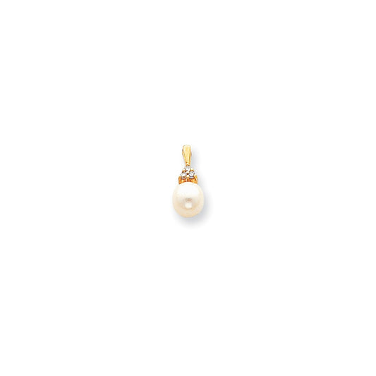 14K Yellow Gold 7mm FW Cultured Pearl AA Real Diamond pendant