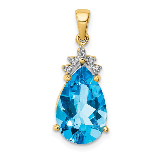 14x9mm Pear Shape Genuine Blue Topaz and Diamond Pendant in 14k Yellow Gold