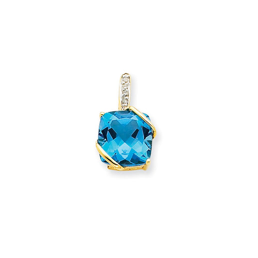 14K Yellow Gold Blue Topaz & Real Diamond Pendant