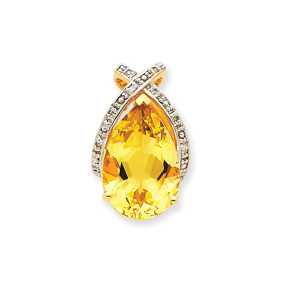 14K Yellow Gold Lemon Quartz & Real Diamond Pendant