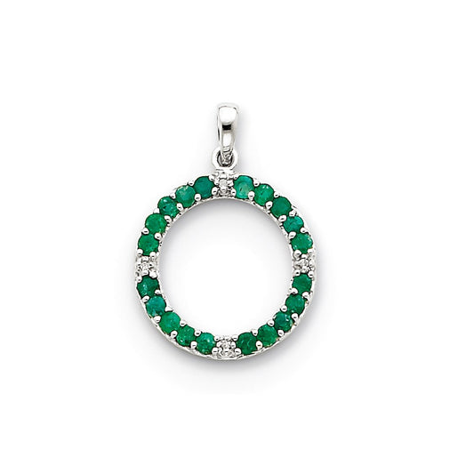 14k White Gold Emerald & Real Diamond Circle Pendant