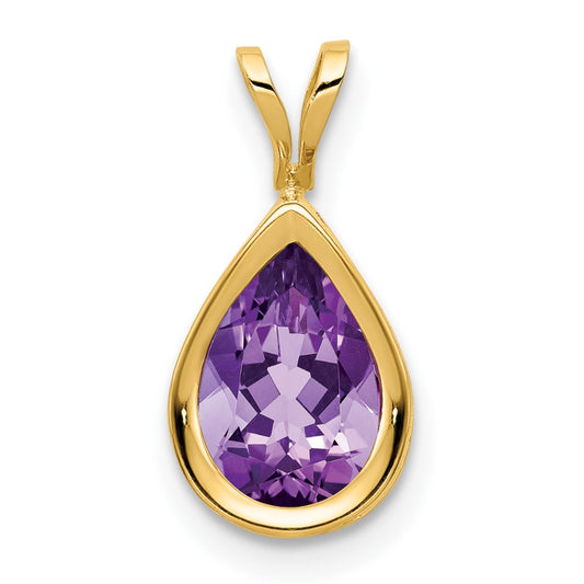 14K Yellow Gold 9x6mm Pear Amethyst Checker bezel pendant