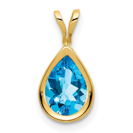 14K Yellow Gold 9x6mm Pear Blue Topaz Checker bezel pendant
