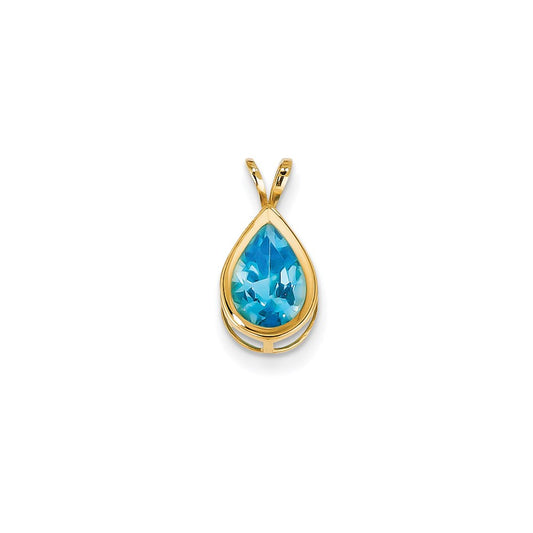 14K Yellow Gold 10x7mm Pear Blue Topaz bezel pendant