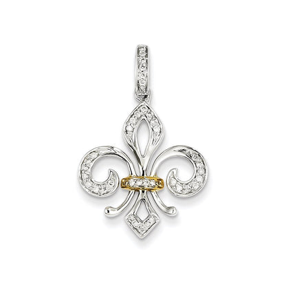 14k White Gold w/Yellow Gold Real Diamond Fleur De Lis Pendant