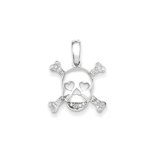 14k White Gold Real Diamond Skull & Bones Pendant