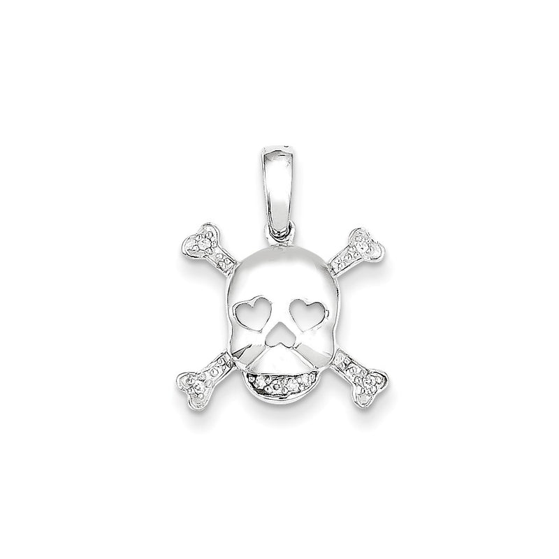 14k White Gold Real Diamond Skull & Bones Pendant