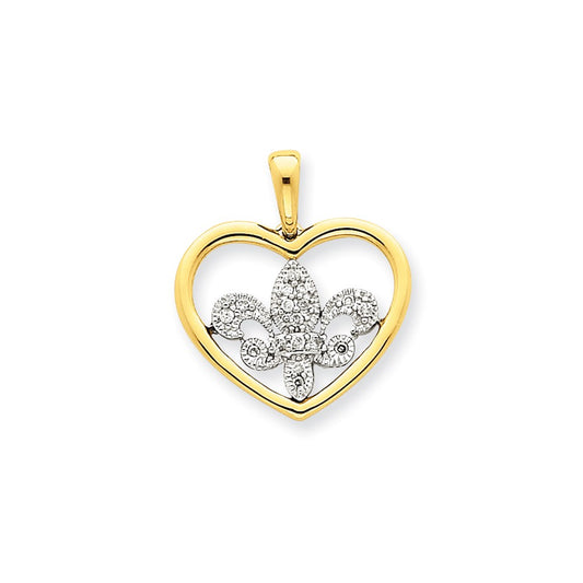14k Two-Tone Gold Real Diamond Heart w/Fleur De Lis Pendant