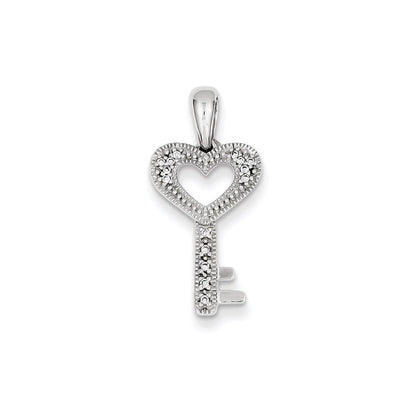 14k White Gold Real Diamond Heart Key Pendant