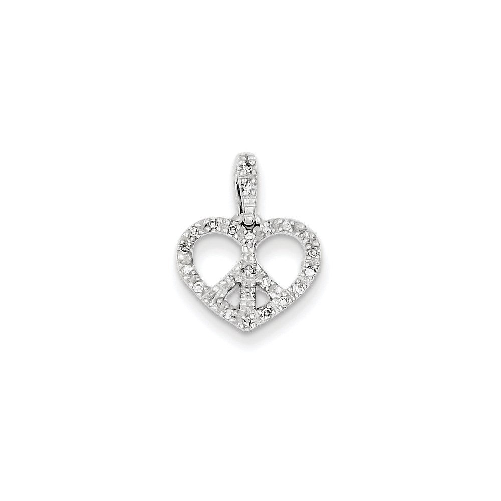 14k White Gold Real Diamond Heart w/Peace Symbol Pendant