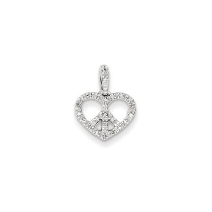 14k White Gold Real Diamond Heart w/Peace Symbol Pendant