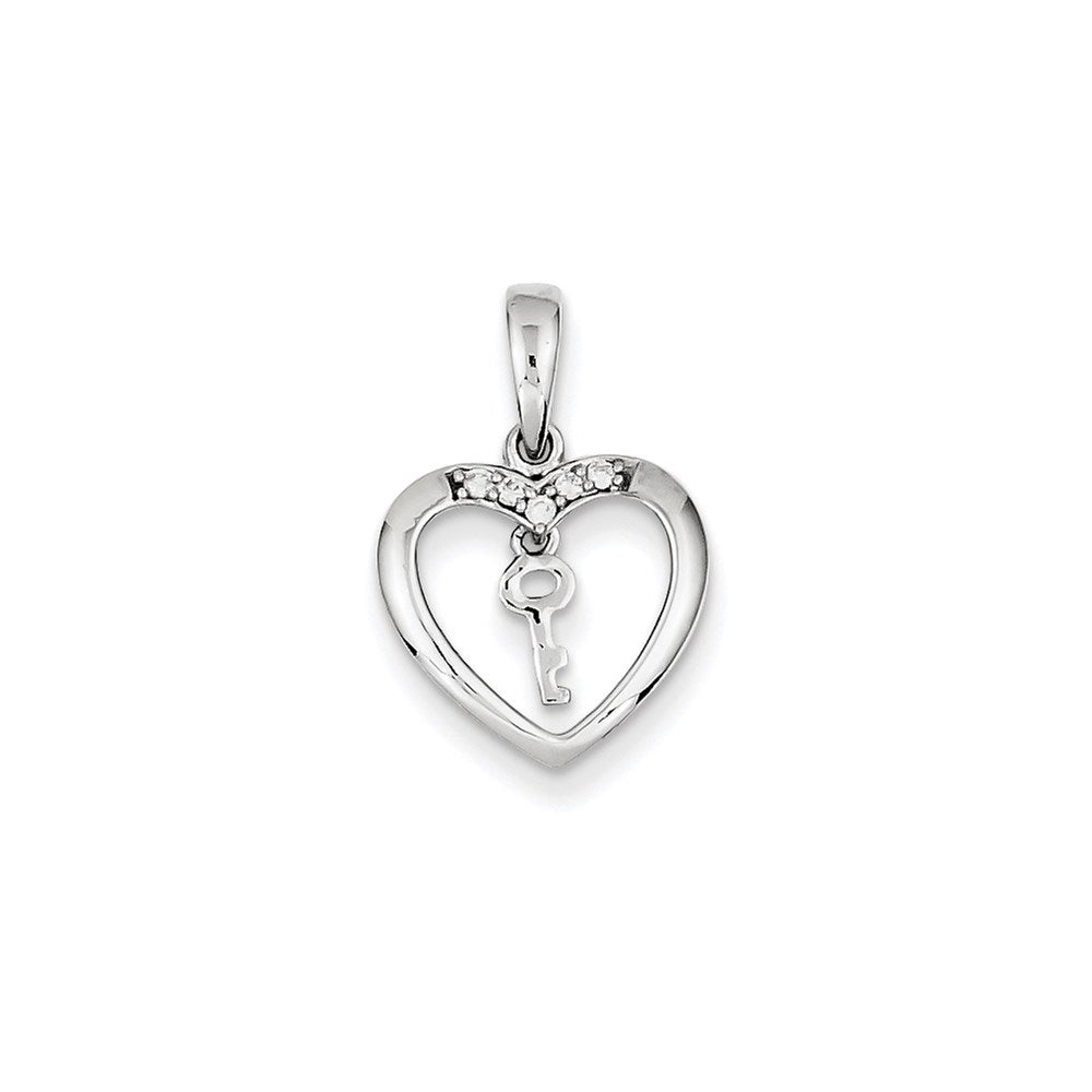 14k White Gold Real Diamond Heart Key Pendant