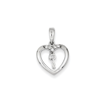 14k White Gold Real Diamond Heart Key Pendant