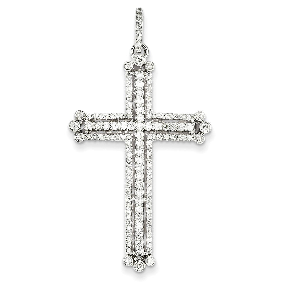 14k White Gold Real Diamond Budded Cross Pendant